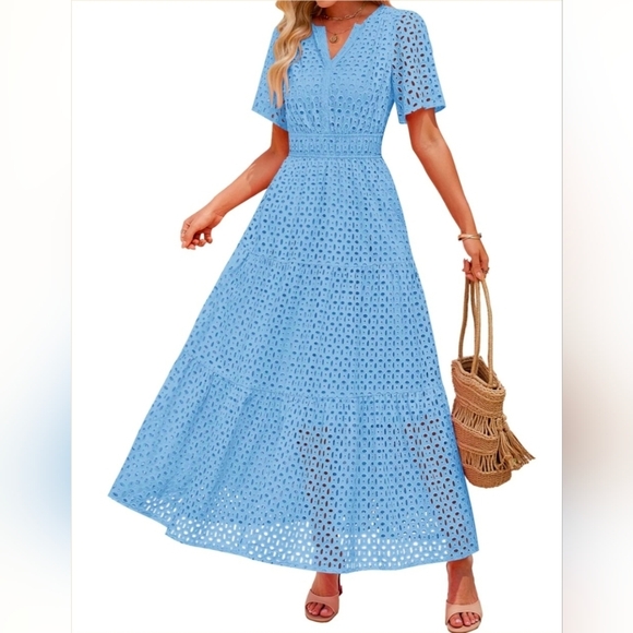 Zesica V-Neck Hollow Out Eyelet Ruffle Swing A-Line Dress Size Large NWT - Picture 2 of 15